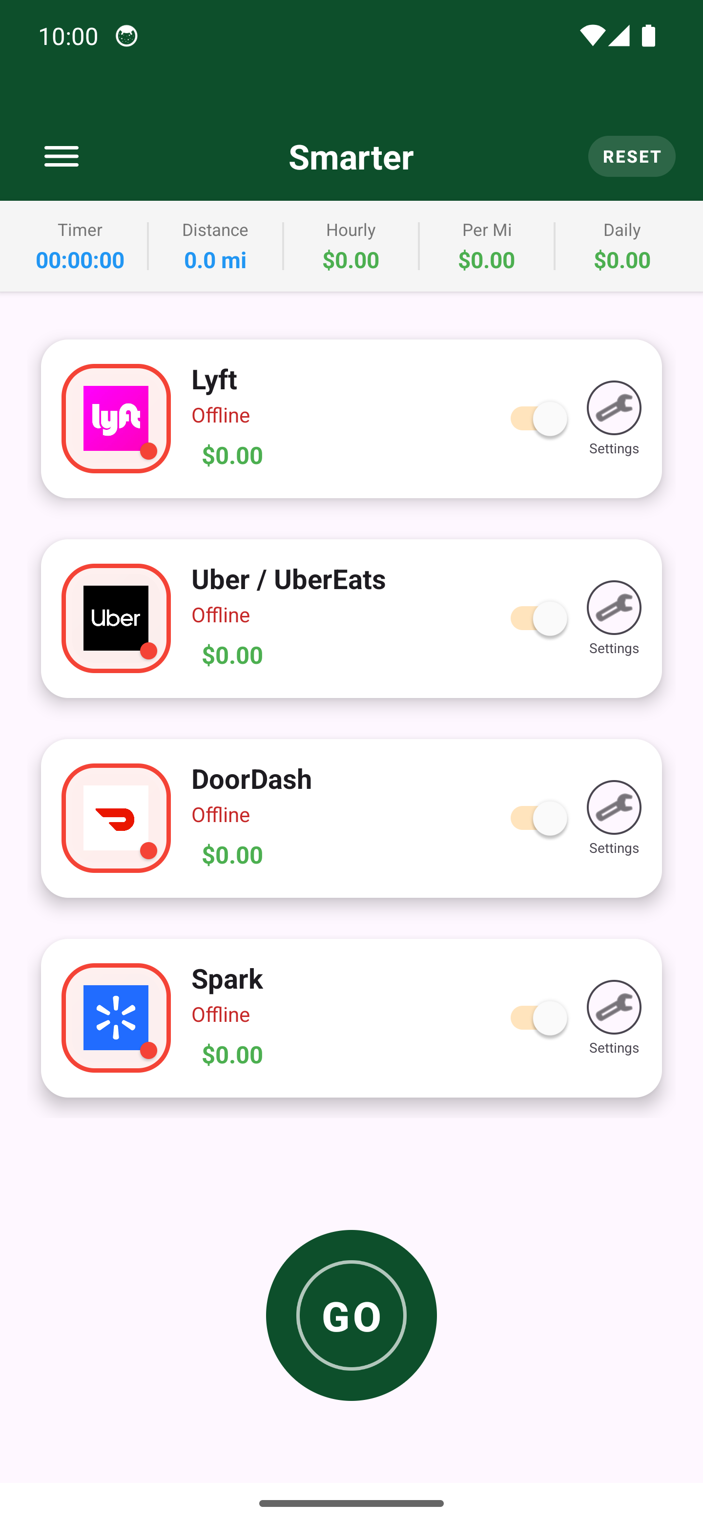 Current Smarter main screen with live shift metrics and gig app controls