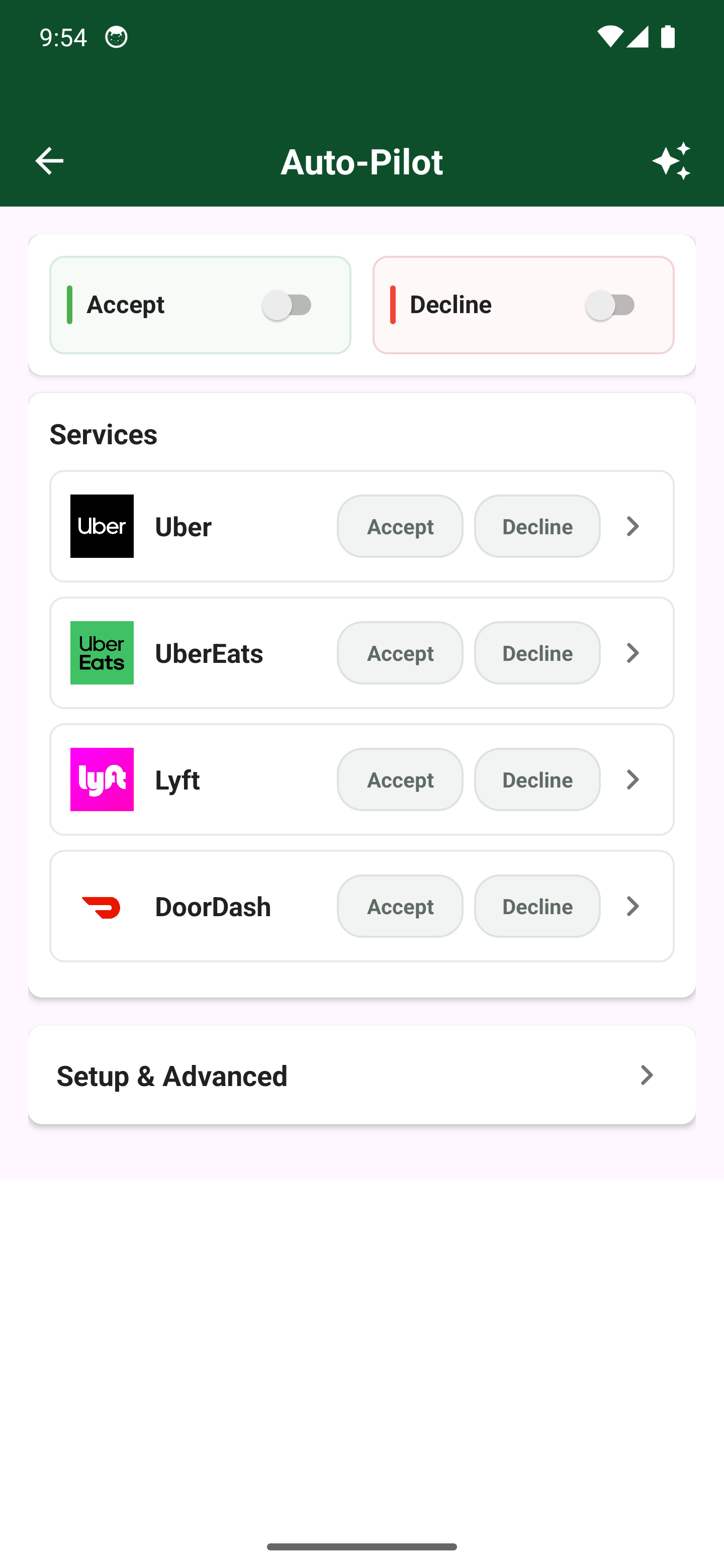 Current Smarter Auto-Pilot screen with service-specific accept and decline controls