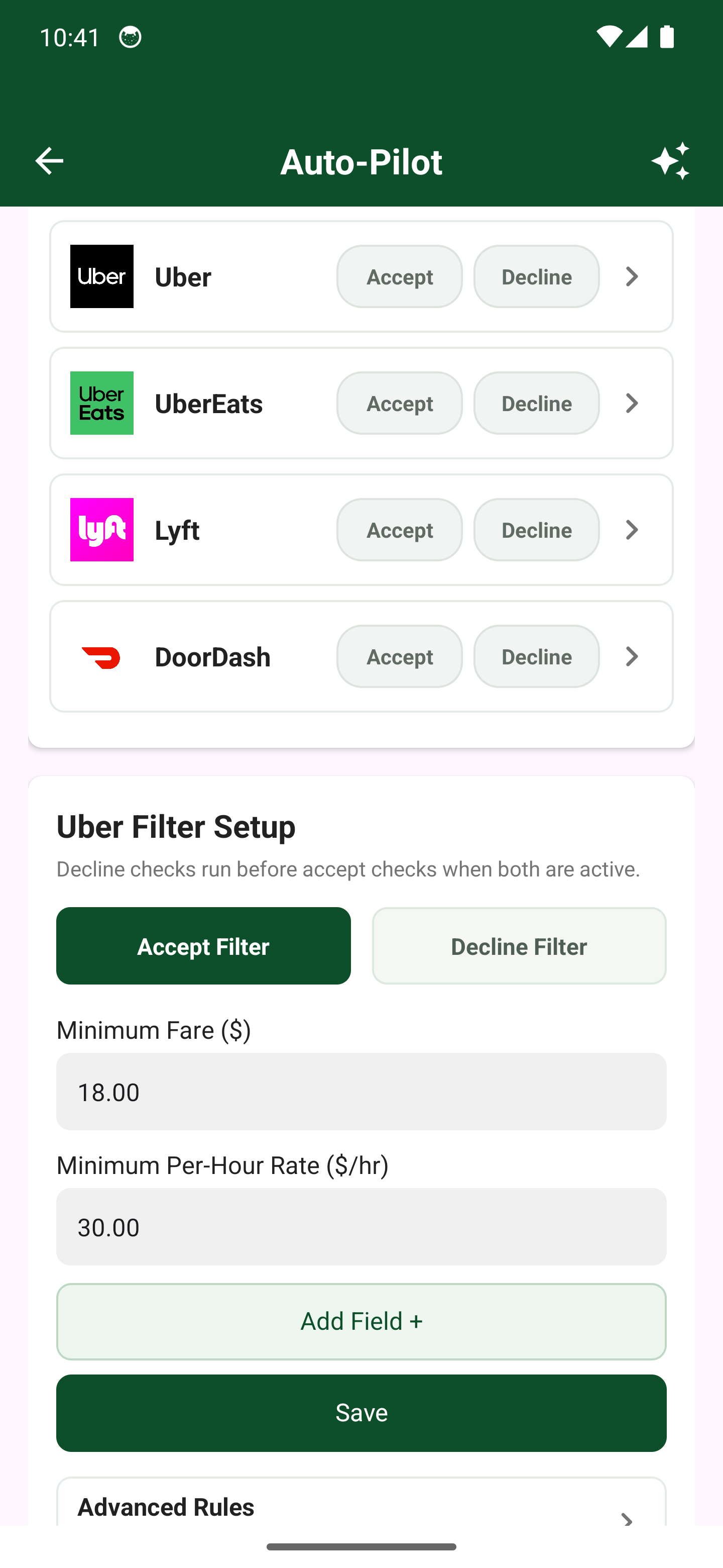 Current Smarter Uber Accept Filter with minimum fare and hourly rate thresholds plus a Decline Filter tab