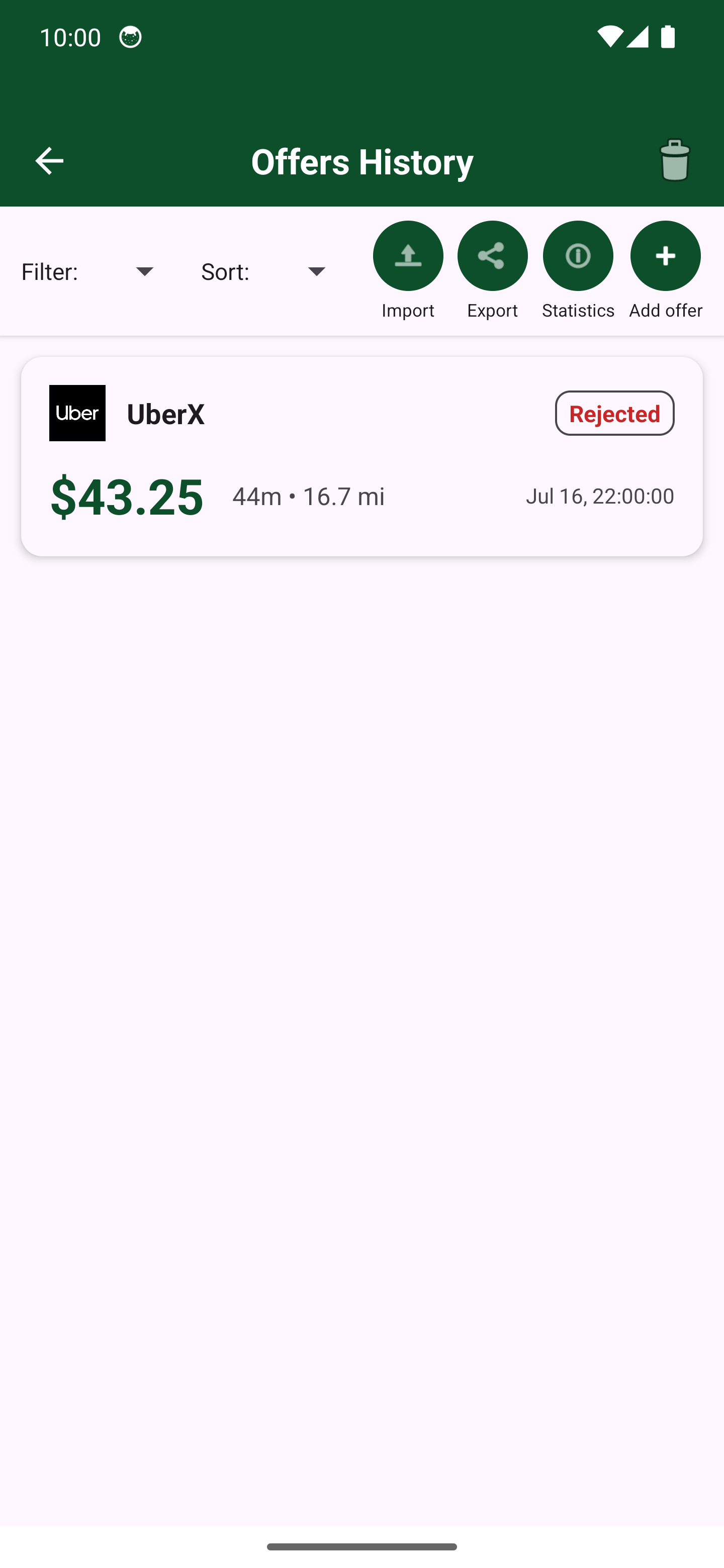 Current Smarter Offers History screen with a representative UberX offer