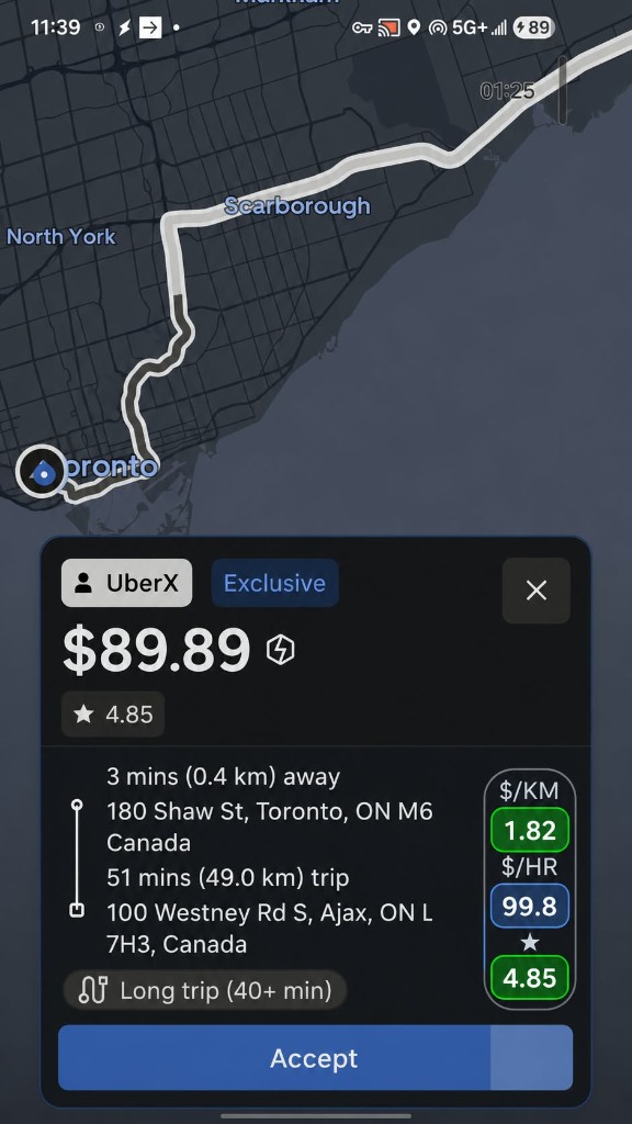 Android UberX offer for $89.89 with Smarter $/km, $/hr, and rating on the card